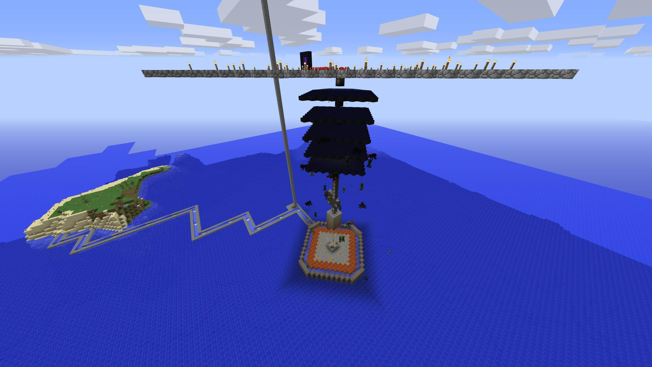 An image taken looking at a mob farm with multiple platforms above an ocean.