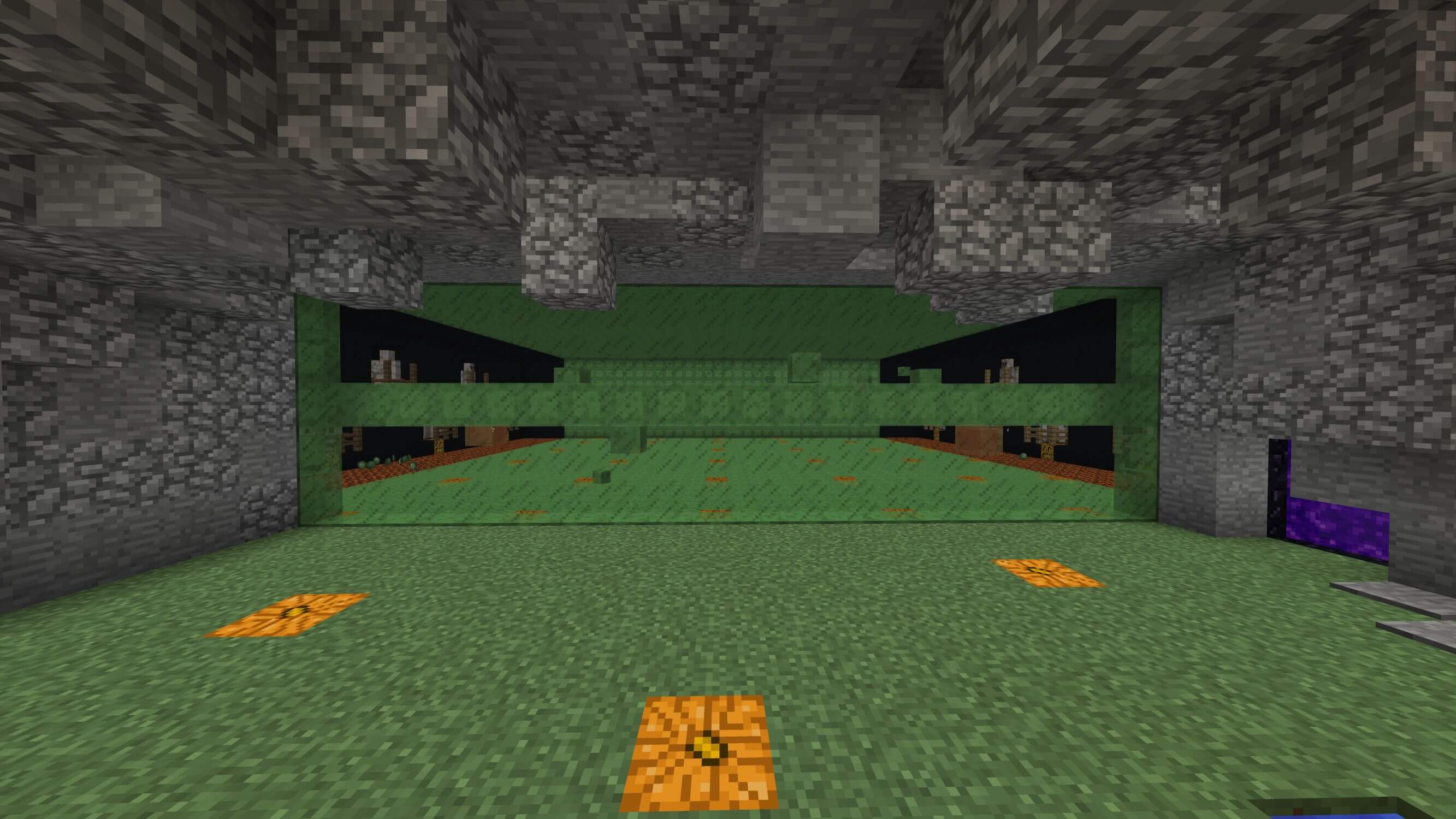 Looking inside a slime farm made of slime blocks with slimes moving towards the edges due to attraction by iron golems