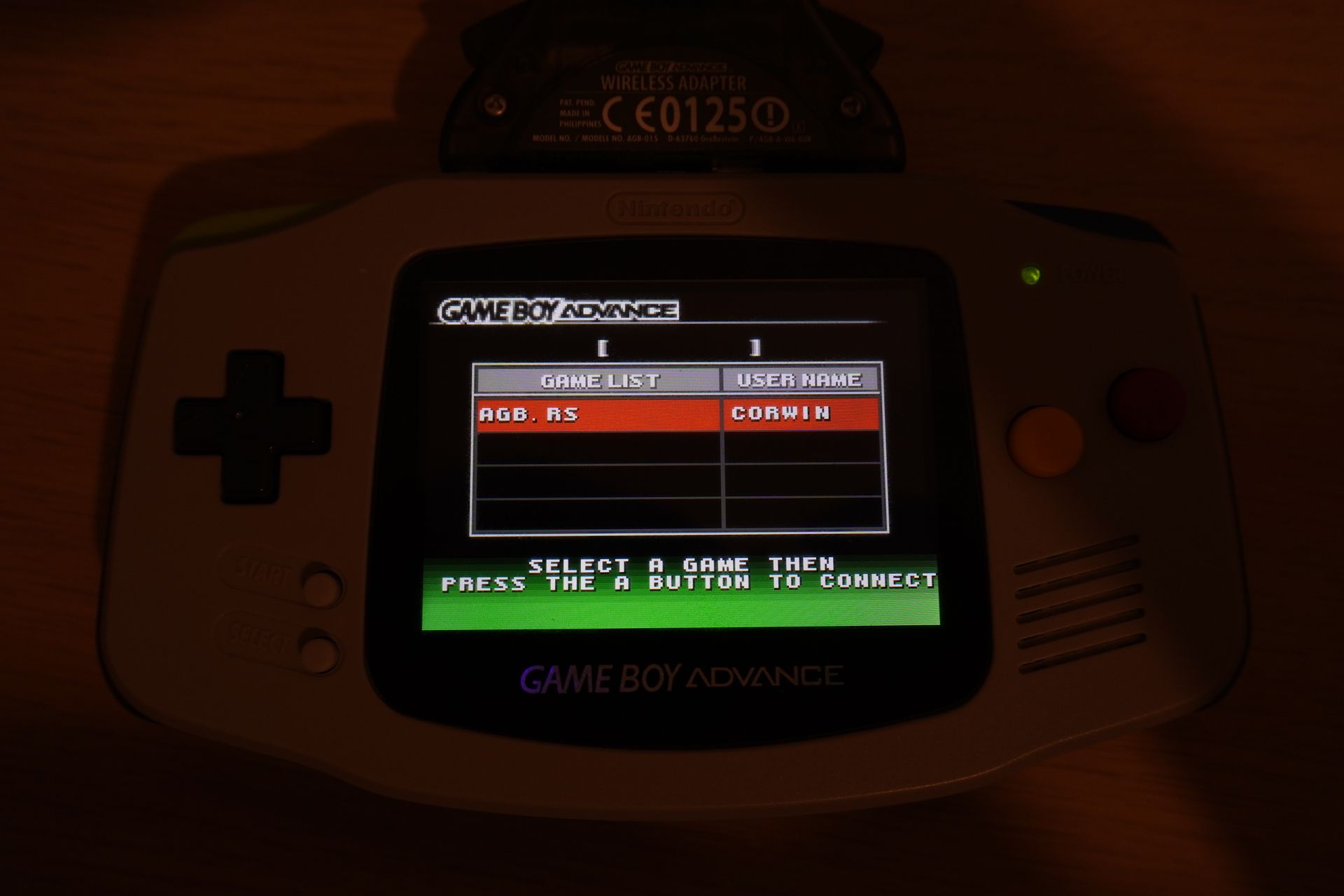 The
multiboot rom from the wireless adapter showing a game title of AGB.RS and a
username of CORWIN